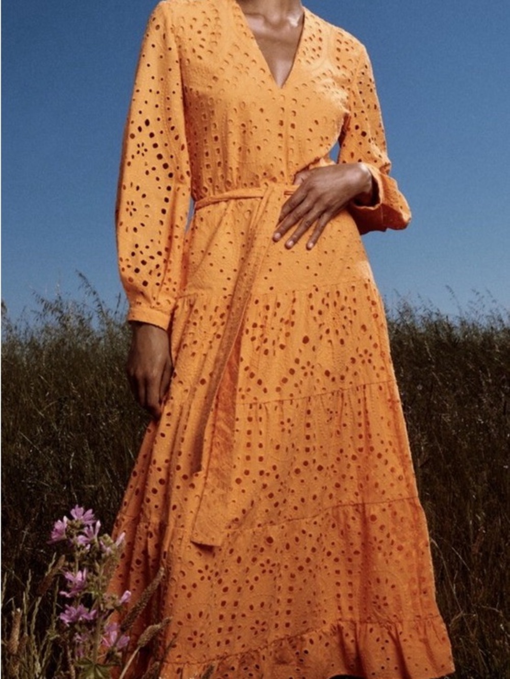Zara Orange Eyelet Wrap Maxi Dress
